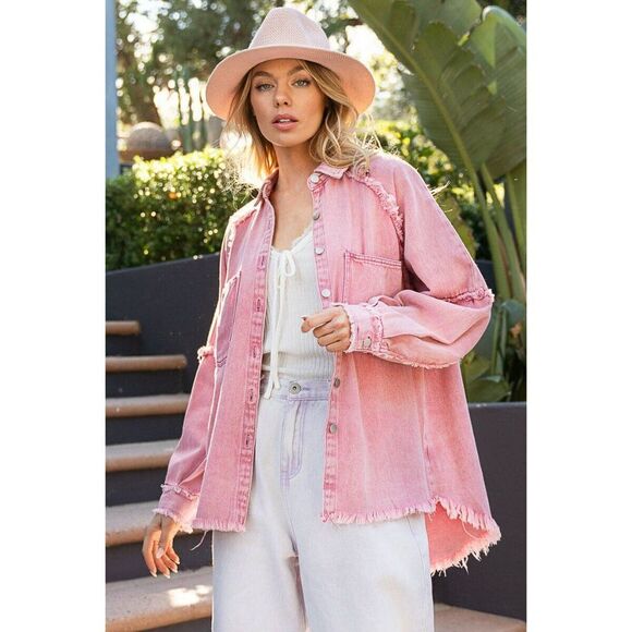 POL CLOTHING Peony Flower Pink Shacket Shirt Jacket Button Up Star S-L YWT458B - Picture 3 of 5